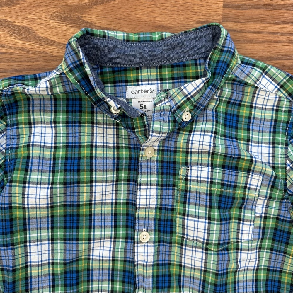Carter’s Toddler Boys 5T Button Up Long Sleeve Dress Shirt Plaid Blue Green EUC! - Picture 5 of 8